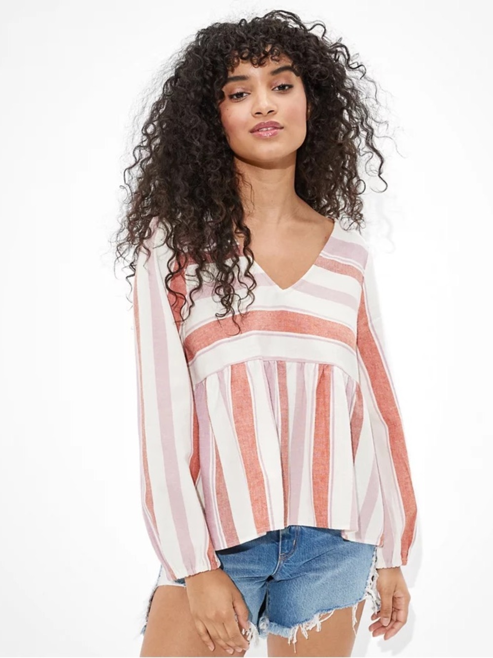 AMERICAN EAGLE Striped Linen Blend V-Neck Peplum Babydoll Top Sz S